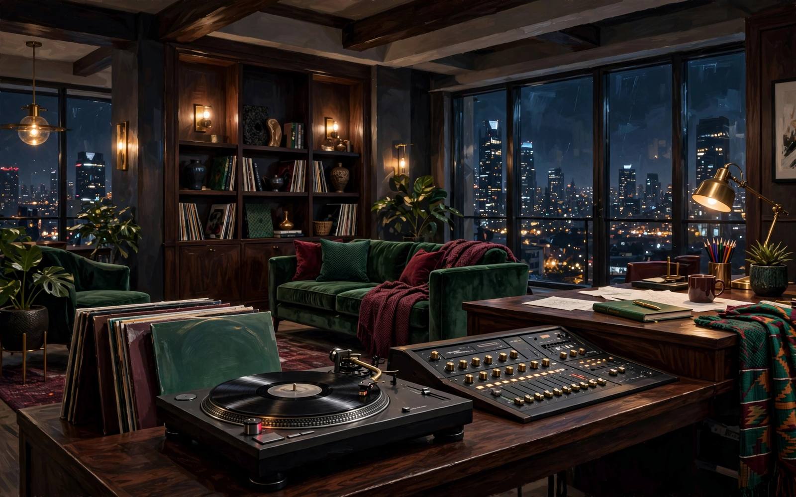 A warmly lit creative penthouse office with a recording console, writing desk, records, and city view